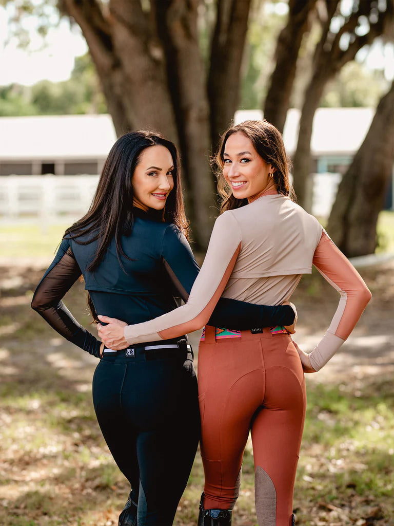 Equestrians Melinda and Marina wearing BOTORI riding apparel